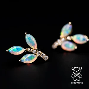 Olive Branch Leaf Design Australian Solid Opal Diamond Earrings 14K Yellow Gold - Picture 1 of 12