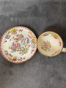 Mintons Tea Cup & Saucer Pink Aqua Flowers Bird Border England Vtg - Picture 1 of 9