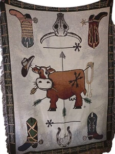 Stivali da cowboy vita di campagna rustici coperta lancio mucca cotone tessuto 70"x52" - Foto 1 di 8