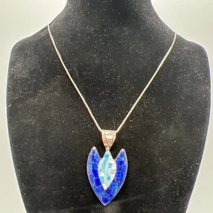 Vintage Artisan Handmade Sterling Lapis & Opal Pendant With 20” Box Chain 15g - Picture 1 of 9