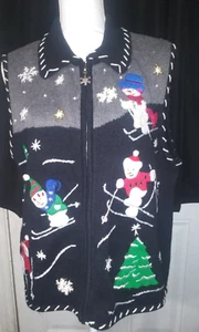VTG 90s Ugly Tacky Christmas Sweater Vest Snowmen Sking Snowflakes Tree Kitsch - Picture 1 of 11