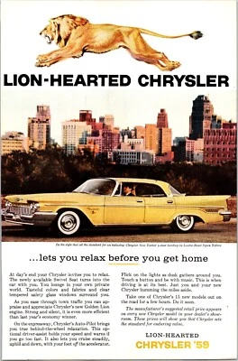 PRINT AD 1959 Chrysler New Yorker 4 Door Hardtop Spun Yellow Lion Hearted 6.5x10 - Image 1 of 3