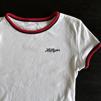 1990s Y2k Vintage Tommy Hilfiger Navy Embroidered T-Shirt Baby T Size Med - Image 1 of 4