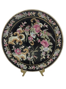Vtg Chinoiserie Black Plate w/ Birds Flowers Oklahoma Importing Macau 10.25" - Picture 1 of 8
