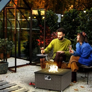 13 KW Rattan Gas Fire Pit Table, Garden Propane Fire Pit Coffee Table, Grey - Picture 1 of 11
