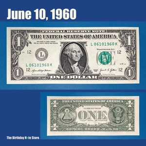 June 10, 1960 Birthday Anniversary $1 One Dollar Bill Serial Number 06101960 - Picture 1 of 2