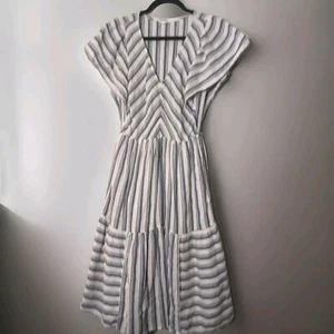 CASLON Nordstrom Ivory Navy Metallic Stripe Flounce Hem Woven Boho Dress S - Picture 1 of 5