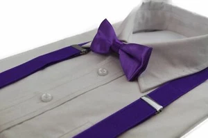 Boys Purple Matching Bow Tie + Suspender Set Kids Unisex Dress Up Wedding Page - Picture 1 of 4
