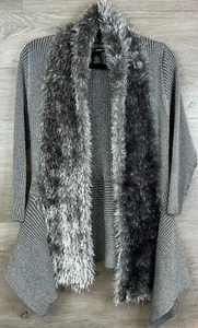 Lauren Michelle Cardigan Open Sweater Women's Small Gray Faux Fur Trim Ribbed - Picture 1 of 6