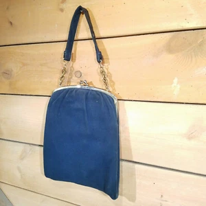 Antique Victorian Purse Silverplate Clasp Blue Velvet Chain Handle - Swanky Barn - Picture 1 of 12