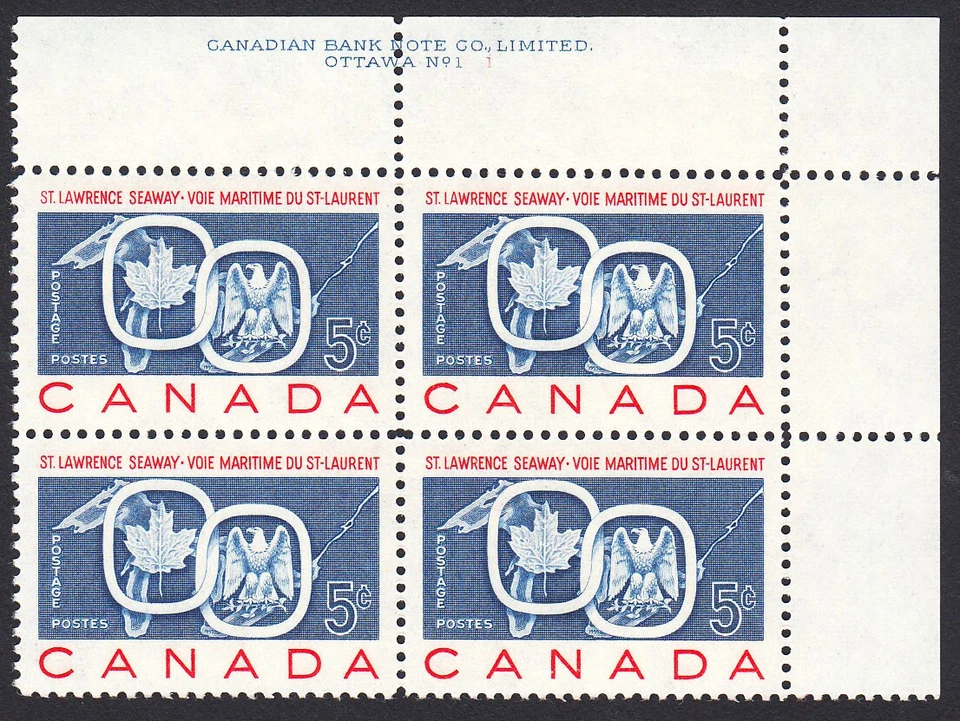 ST.LAWRENCE SEAWAY, EAGLE, MAPLE LEAF * CANADA 1959 #387 MNH UR BLOCK of 4 PL#1 - Image 1 of 1