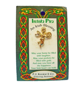 PJ Keane PIN St Patrick Vintage ANGEL with CLADDAGH Gold Tone Tac Ireland NEW - Picture 1 of 5