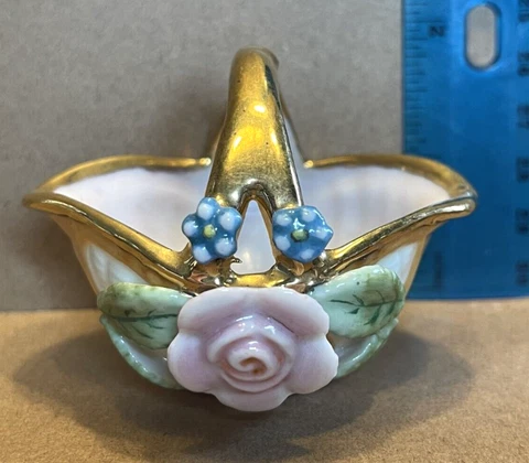 Vintage Made in Japan Miniature Basket with Rose and Blue Flowers Cover