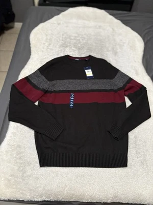 NUEVO CON ETIQUETAS IZOD Suéter Para Hombre Negro Gris Rojo Rayas Cuello Redondo Talla Mediana Foto 1 de 4