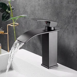 Bathroom Taps Single Hole Waterfall Tap Basin Mixer Tap Sink Black 2 Hose - Picture 1 of 7