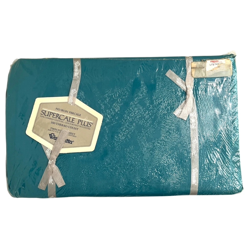 Wamsutta Supercale Plus Twin Fitted Sheet Cyan Teal No Iron Vintage Sealed New - Image 1 of 4