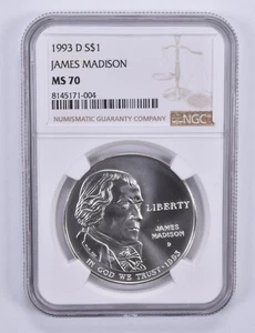 1993-D James Madison Commemorative Dollar MS70 NGC Brown Label *3941 - Picture 1 of 5