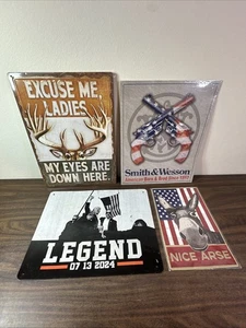 Vintage Style Tin Signs Lot Set Of 4, Includes Trump Sign And Deer/ Hunting Sign - Picture 1 of 9