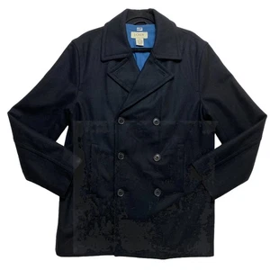 J. Crew Pea Coat Mens M Black Dock Wool Blend Coat Anchor Button Double Breasted - Picture 1 of 15