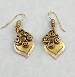 Tripple Layer Metal Clear Cabochon Dangle Earrings 14K G.F. Wire w/ Crystal Bead - Picture 1 of 3