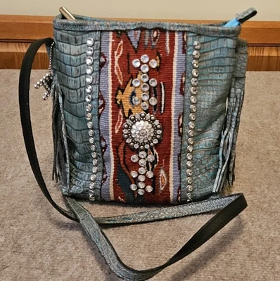 Bolso de Mano Raviani Cuero Azul Bandolera Cocodrilo Embellecido Cartera Foto 1 de 4