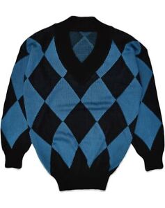 VINTAGE Damski sweter z dekoltem w serek UK 14 Duży niebieski Argyle/Diamond C004