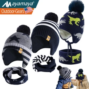 Children Winter Knitted Hat with Ear Flaps & Scarf Warm Soft Fleece Lining Gifts - Picture 1 of 36