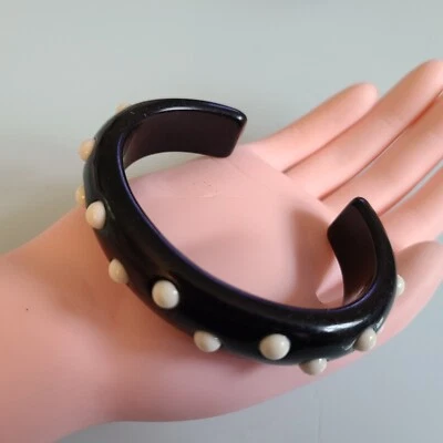SALE FAB 1/2 INCH WIDE ACRYLIC RESIN POLK A DOTS CUFF BLACK AND WHITE BRACELET - Image 1 of 4