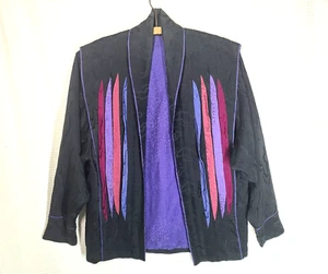 Chaqueta Kimono De Colección Años 80 Negra Nylon Color Decoración Roble Única Años 90 Retro M L - Imagen 1 de 12