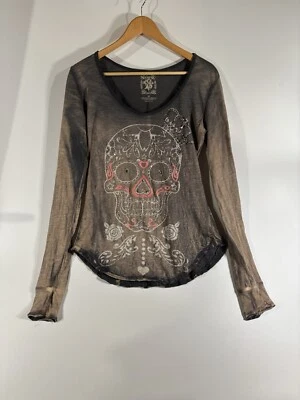 Camisa Festival Terciopelo Piedra Para Mujer Talla M Estrás Bordada Calavera Dobladillo Crudo Y2K Foto 1 de 4
