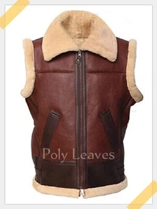 Men's Brown Aviator RAF B3 Shearling Bomber Real Sheepskin Leather Fur Vest - Picture 1 of 3