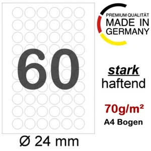 50 DIN A4 Blatt = 3000 RUNDE Ø 24 mm selbstklebende Etiketten Markierungspunkte - Bild 1 von 3