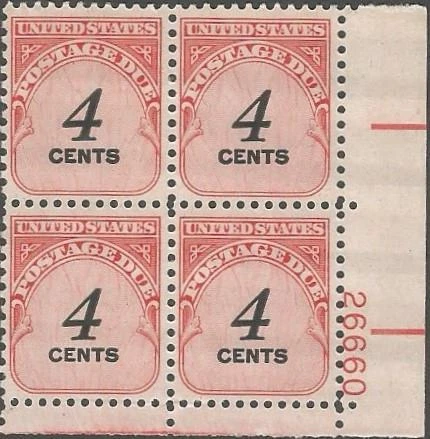 Plate Block of 4 stamps - Scott J92 - 4 cent - Postage Due - 1959 - MNH - Image 1 of 1