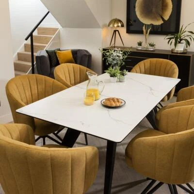 White Marble-Look Ceramic Table & Mustard Chairs - 6 Seater Dining Set - Image 1 of 4