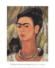 FRIDA KAHLO Self-Portrait with Monkey 20 x 16 Poster Folk Art Multicolor, Green