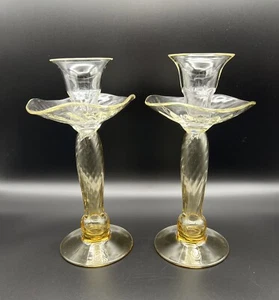 Venetian Murano Glass Candle Holders 9.5” Yellow Twisted Stem Vintage Pair Italy - Picture 1 of 12