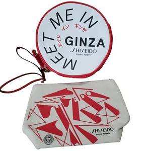 Shiseido Lot Of (2) Beige Tan Canvas / Red tote makeup toiletry travel bags - Picture 1 of 4