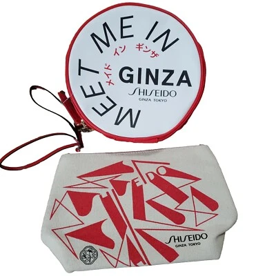 Shiseido Lot Of (2) Beige Tan Canvas / Red tote makeup toiletry travel bags - Image 1 of 4