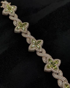 Classic 925 Sterling Silver Green Flower Moissanite Bracelet, Unisex Jewelry - Picture 1 of 6