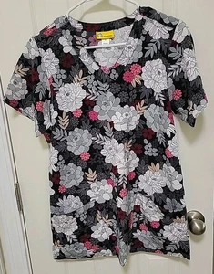WonderWink Scrub Top V-neck White & Pink Flowers 2 Pockets Sz S Chest 40"/L 27" - Picture 1 of 9