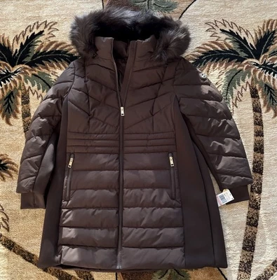 Abrigo acolchado de invierno Michael Kors marrón chocolate chaqueta MK capucha de piel talla grande Foto 1 de 4