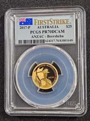 🌟 2017-P Australia $25 1/4 oz .9999 Gold Beersheba Coin PCGS PR70 DCAM ANZAC - Image 1 of 2
