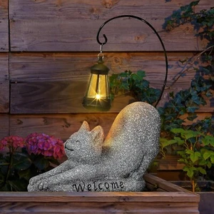 Solar Katze Garten Statue Outdoor Deko Katzenfigur mit Solarlaterne Willkommen Si - Bild 1 von 7