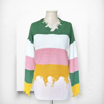 SAKS FIFTH AVENUE Colorblock Knit Sweater Frayed Hem V-Neck Pink Green Yellow - Image 1 of 4