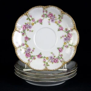 Haviland Limoges Schleiger 88D Multicolor Rose Swags Saucers Set, Gold 5 3/8" - Picture 1 of 5