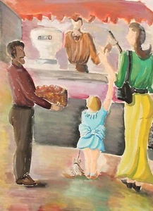 Naivist gouache painting market scene - Picture 1 of 12