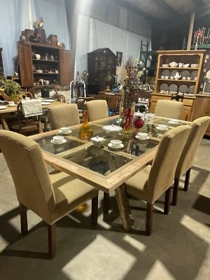 New Custom Made In USA Glass And Live Edge Maple Dining Table Modern Rustic - Image 1 of 4