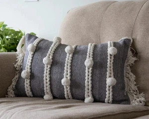 NEW! Hand-Woven Cotton Lumbar Throw Pillow with Hand Tied Fringe & Pom Poms - Picture 1 of 4