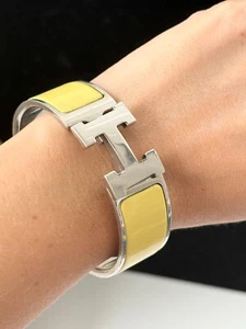 Hermes Click H Yellow Enamel & Stainless Steel Women's Bangle Bracelet - Picture 1 of 6