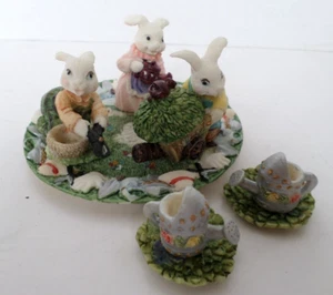 Vintage 1996 Popular Imports Miniature Resin Tea Set Bunnies Bunny Rabbits - Picture 1 of 10